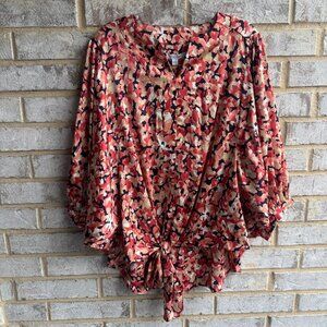 Chico's Tie Front 3/4 Sleeve V-Neck Abstract Satin Blouse  Women's Size 1.5 (10)